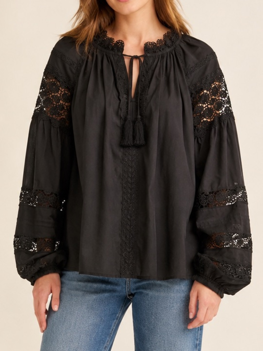 En Saison Black Lace Inset Peasant Blouse Balloon Sleeve - Picture 1 of 8